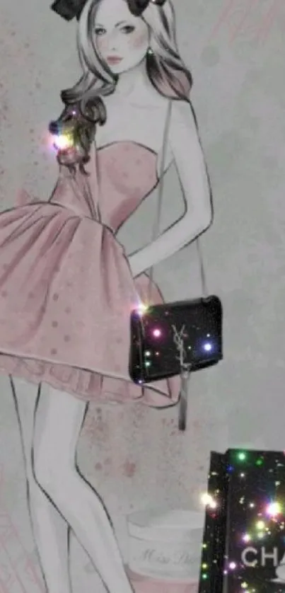 Chic fashion illustration with pink dress and sparkles.