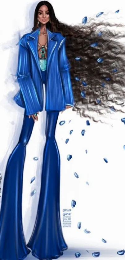 Chic fashion illustration with flowing hair and vibrant blue attire.