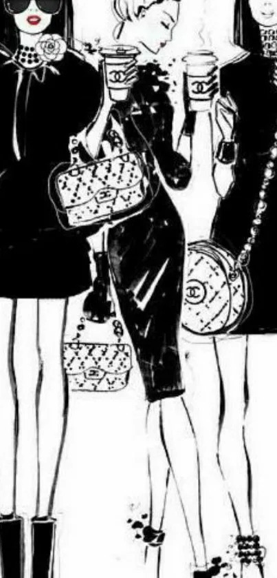 Black and white fashion illustration with stylish women.