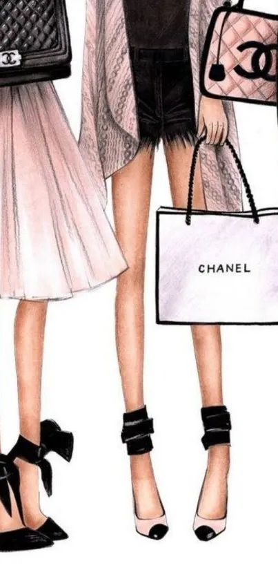 Fashion illustration with elegant outfits and handbags in a chic design.