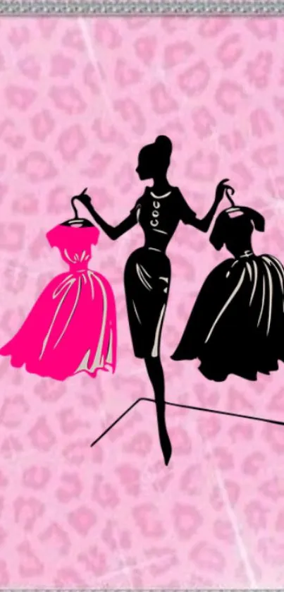 Silhouette holding dresses on pink leopard print background.