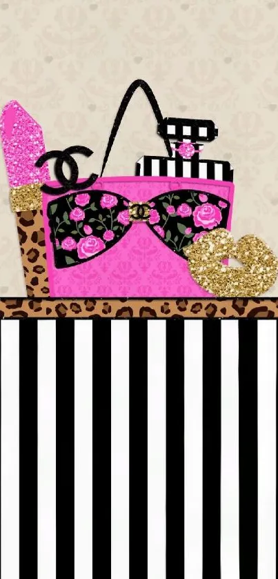 Chic fashion-themed wallpaper with pink and gold on black stripes.