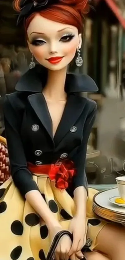 Fashionable chic cartoon lady enjoying coffee in retro style.