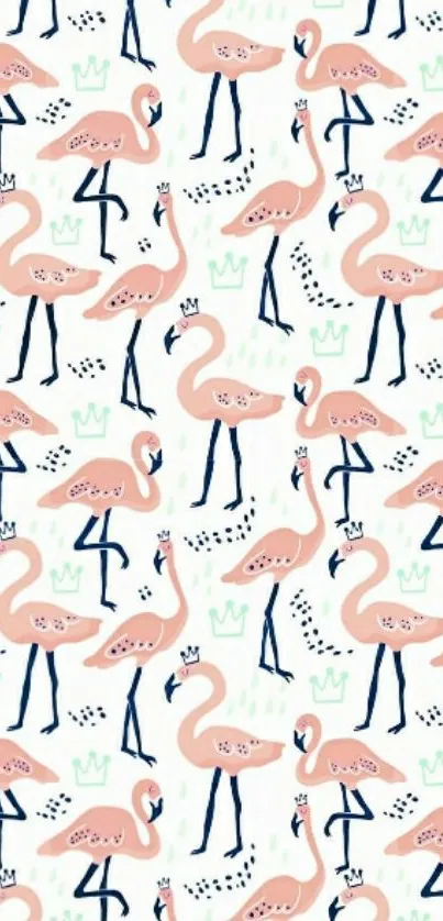 Playful pink flamingos pattern wallpaper with tiny crowns.