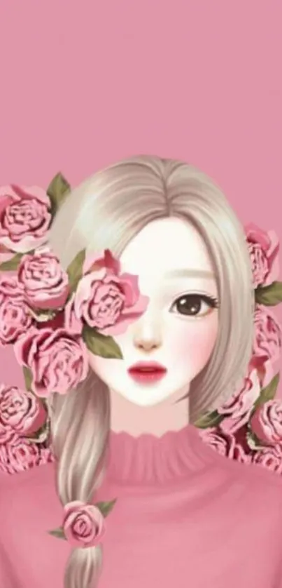 Chic floral art wallpaper with a stylish figure and blooming flowers on pink background.