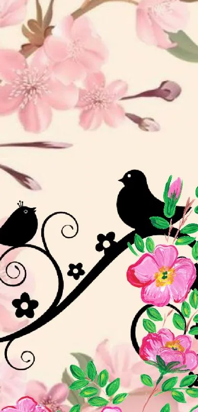 Elegant floral wallpaper with black birds and pink blossoms.