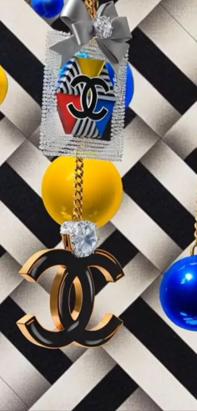 Geometric design with jewelry elements on phone wallpaper.