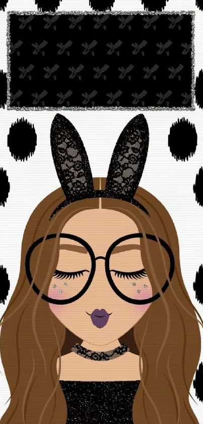 Chic cartoon girl with glasses and polka dots wallpaper.