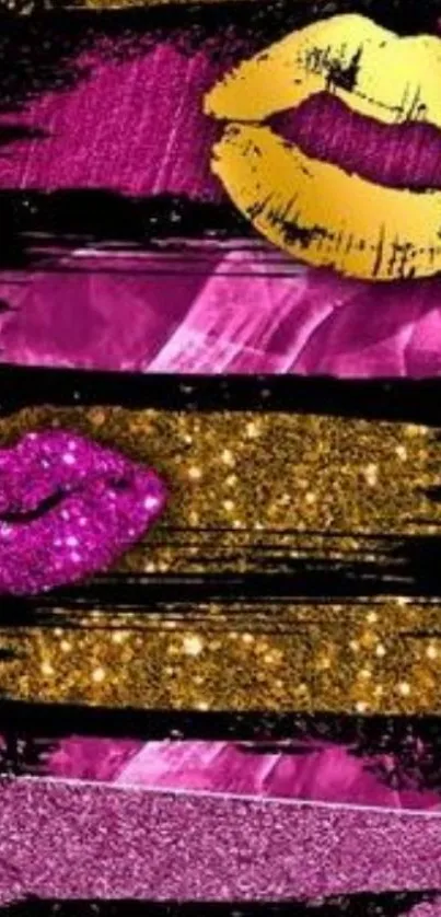 Chic wallpaper with glitter lips and gold accents on a black background.