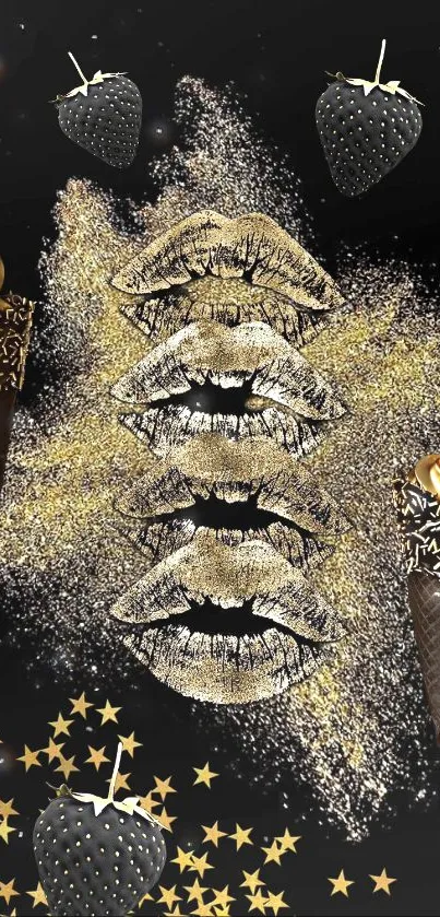 Elegant black and gold wallpaper with glittering lips design.