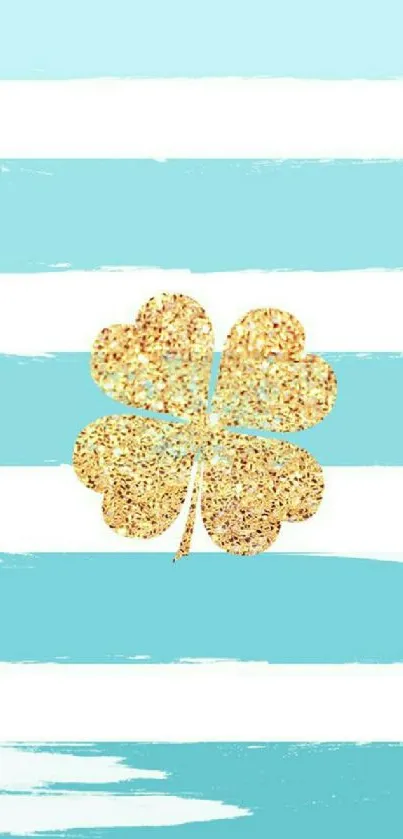 Stylish gold four-leaf clover on turquoise and white striped background wallpaper.