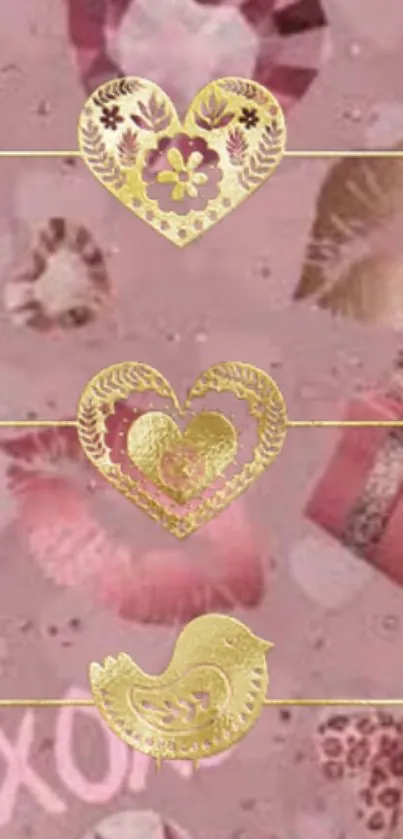 Dusty rose wallpaper with gold hearts and patterns, perfect for elegant phone decor.