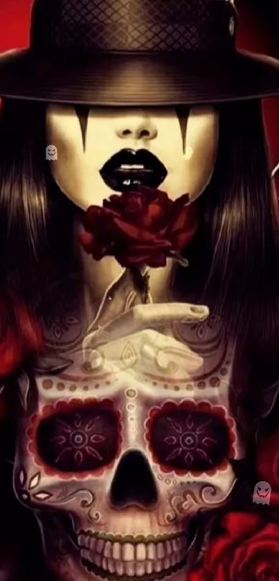 Gothic art wallpaper with skull, dark roses, and mysterious woman.