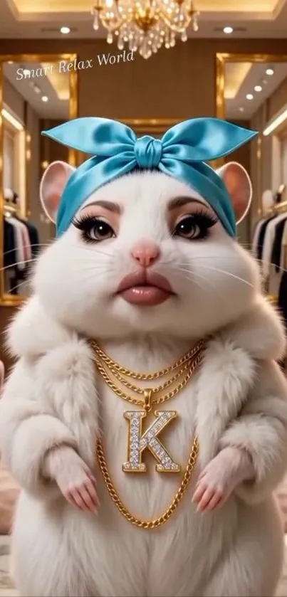 Fashionable hamster with gold jewelry in a boutique setting.