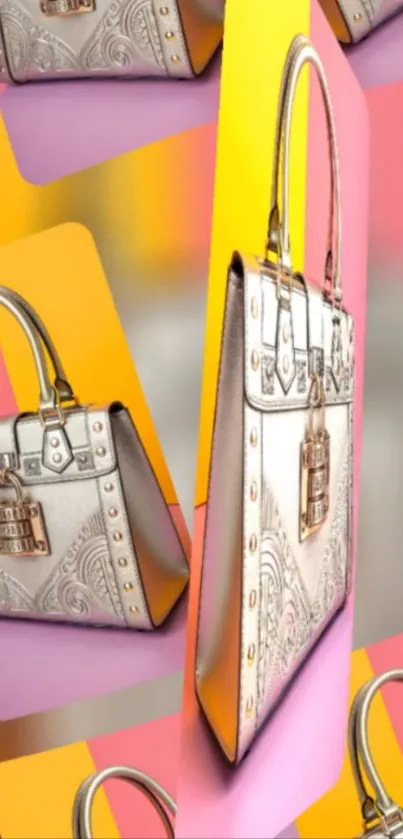 Stylish handbag pattern on colorful wallpaper background.