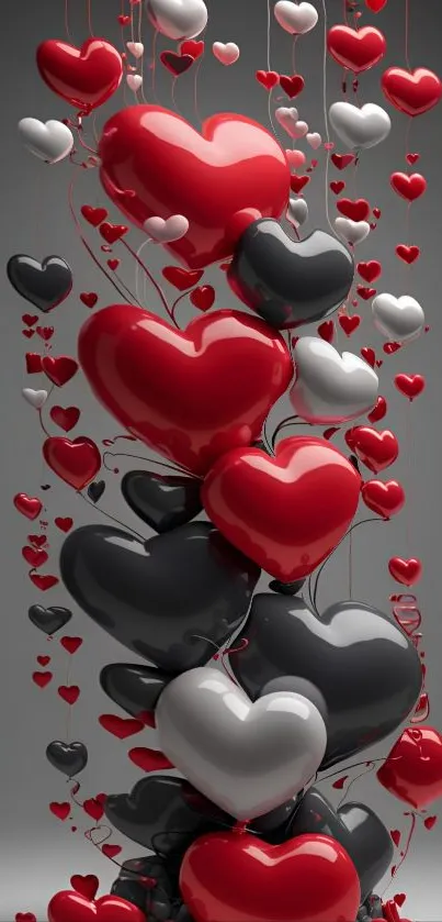 Heart balloons in red, black, and white for a romantic wallpaper.