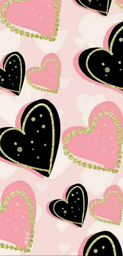 Trendy mobile wallpaper with chic pink and black hearts, accented with gold.