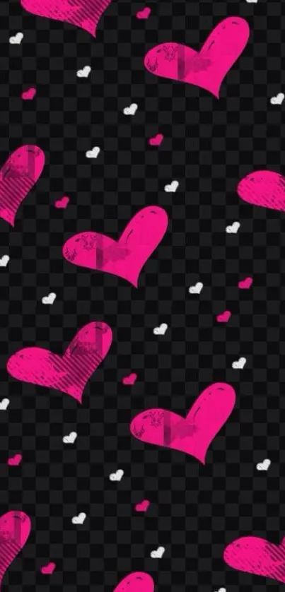 Mobile wallpaper with pink hearts on black checkered background.