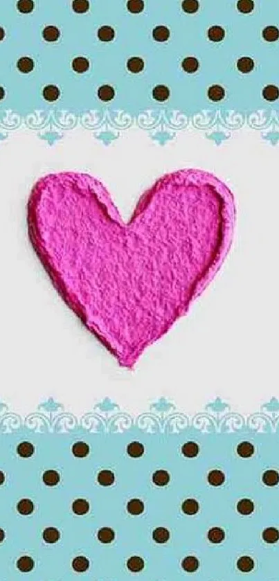 Pink textured heart on blue polka dot background wallpaper.