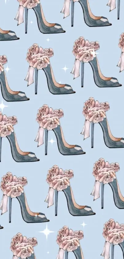 High heels with floral accents on light blue background.