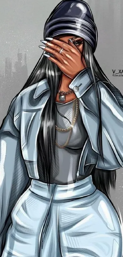Chic illustrated woman with long hair and trendy outfit on mobile wallpaper.
