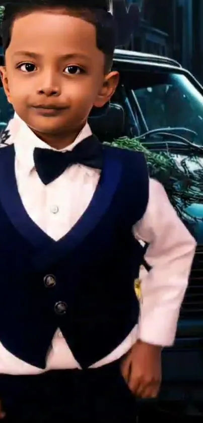 Child in navy suit posing by a vintage car.