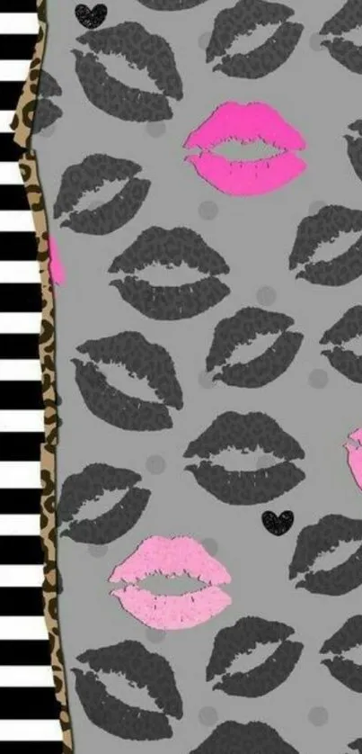 Kiss pattern phone wallpaper with pink accents.