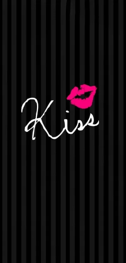 Chic mobile wallpaper with pink kiss on black background.