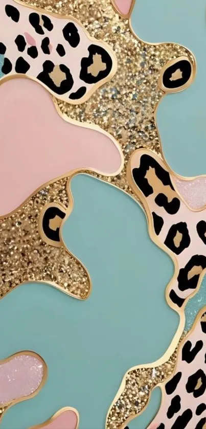 Stylish leopard print mobile wallpaper with gold and teal accents.