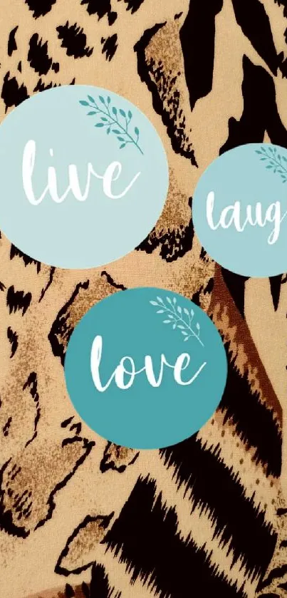 Leopard print wallpaper with 'Live, Laugh, Love' text in blue circles.