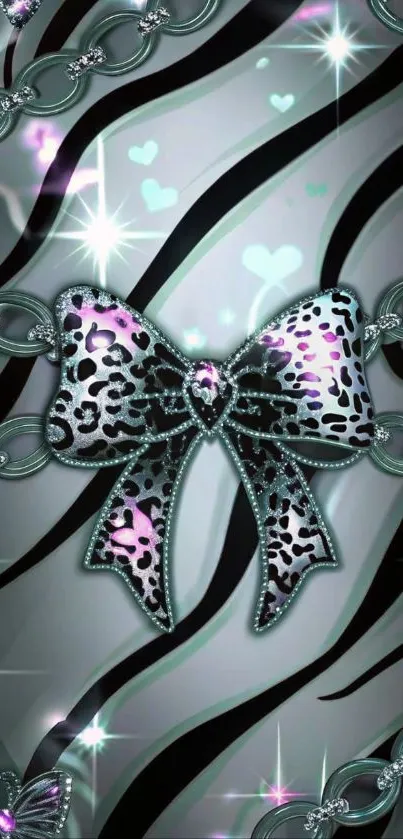 Leopard print bow with chains and hearts wallpaper