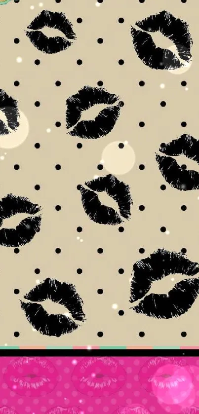 Beige wallpaper with black lips and polka dots.