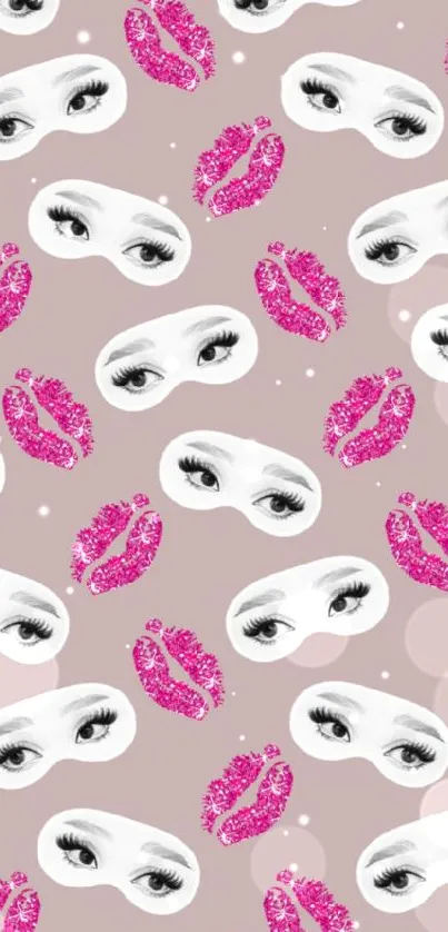 Wallpaper with pink lips and eye masks on a light mauve background.