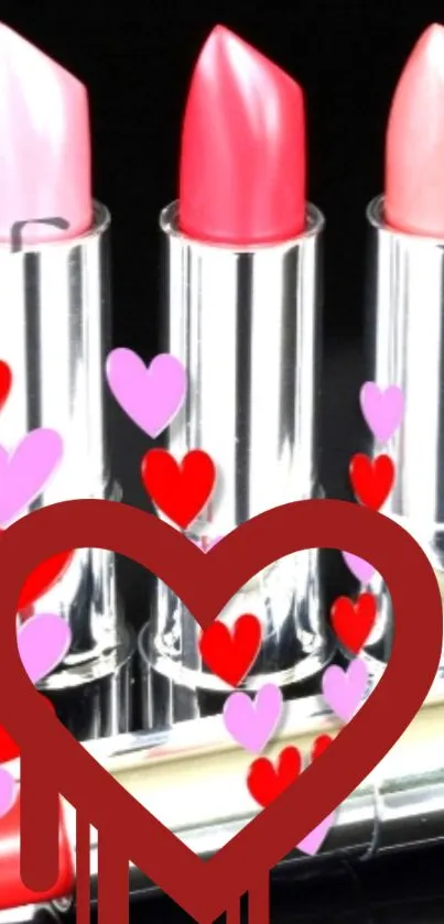 Lipsticks with hearts mobile wallpaper design.