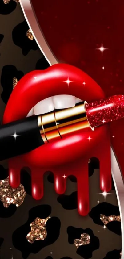 Red lips with glitter lipstick and leopard print background.