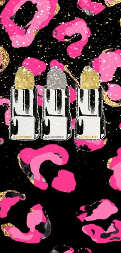 Mobile wallpaper with pink and gold leopard print, featuring three lipsticks.