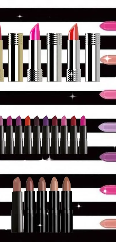 Lipsticks on black and white striped wallpaper design.