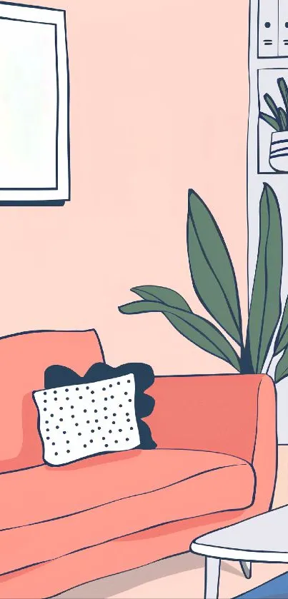 Stylish illustrated living room in pastel tones with modern decor and plants.