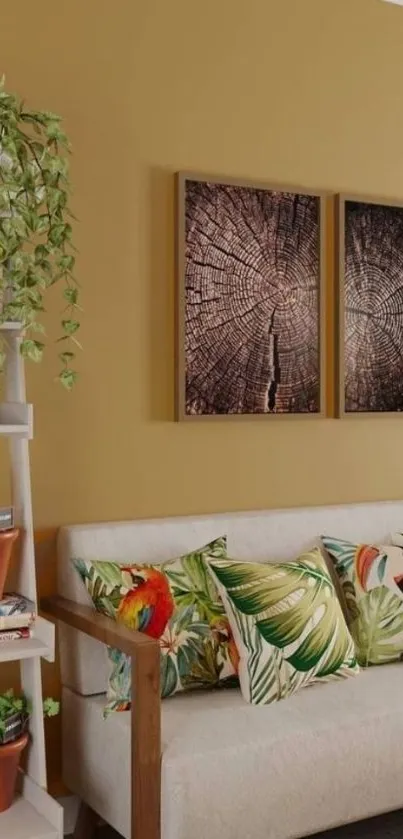 Modern living room with gold and green decor featuring plants and wall art.