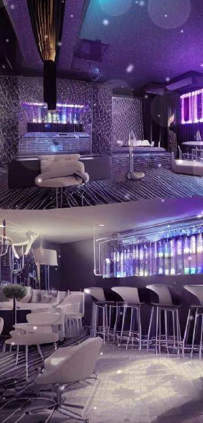 Chic neon lounge interior wallpaper with vibrant lighting.