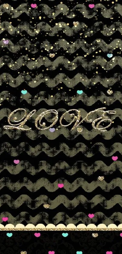 Stylish wallpaper with 'LOVE' text, zigzag patterns, and colorful hearts.