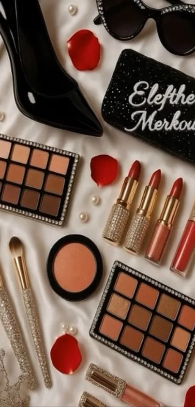 Elegant arrangement of makeup and accessories with black heels.