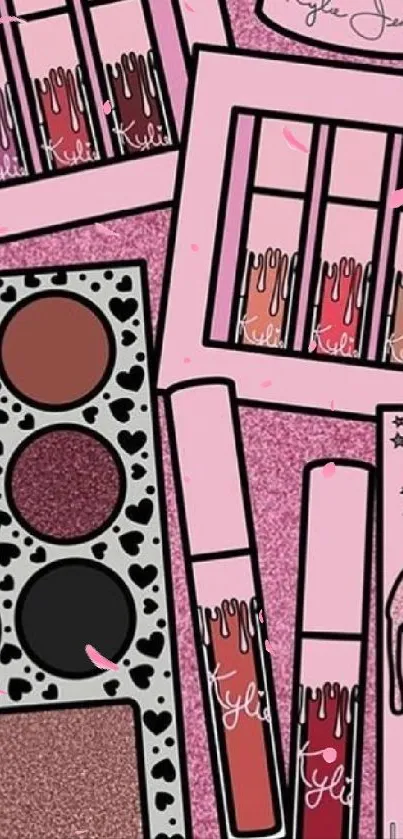 Illustrated pink makeup design with palettes and lip kits.
