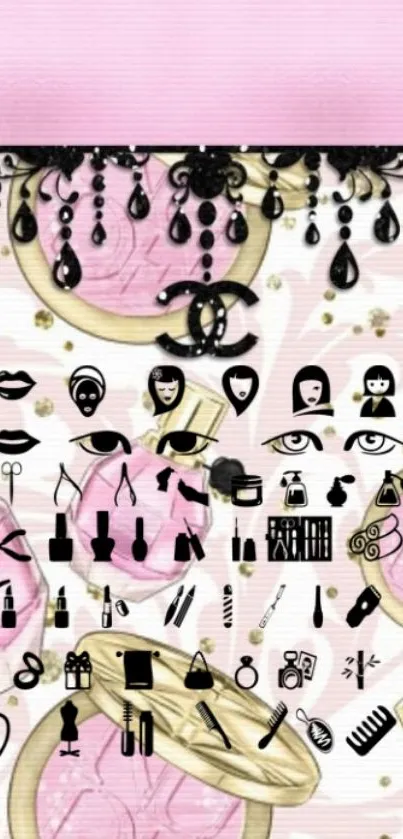 Chic makeup-themed wallpaper with pink, black, and gold colors.