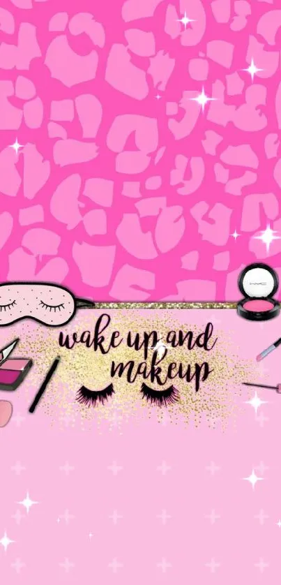 Chic pink wallpaper with makeup accessories.