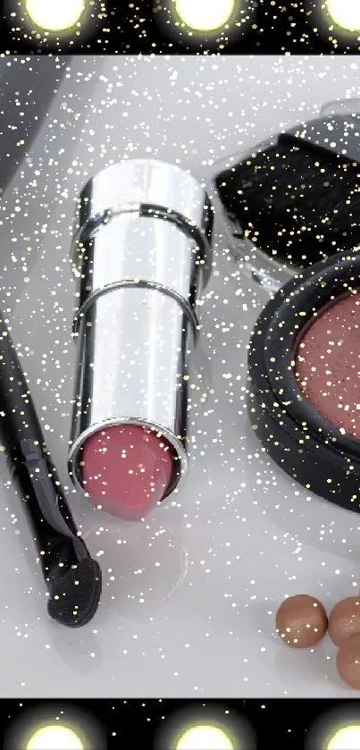 Makeup items on vanity with lights, including brushes and lipstick.