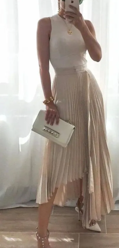 Elegant woman in pleated beige skirt and accessories.