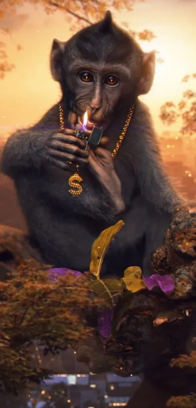 Monkey wearing a chain, holding a lighter at sunset.