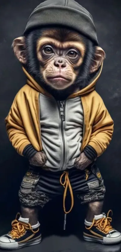 Stylish monkey in a hat and hoodie, mobile wallpaper.