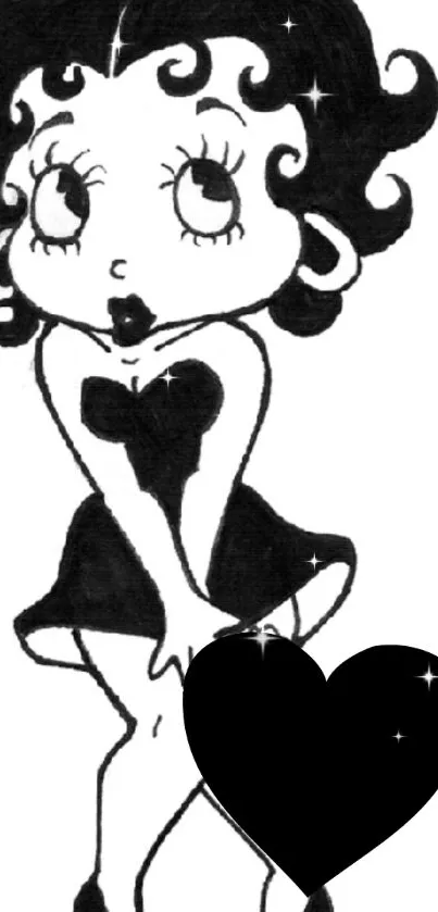 Monochrome cartoon character with heart design.